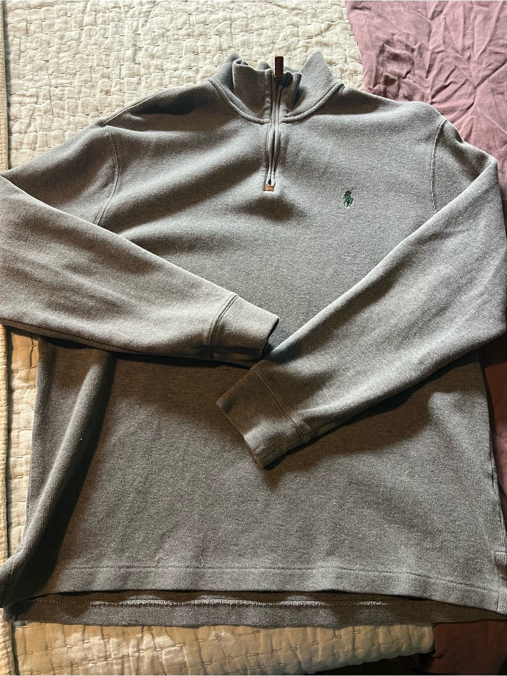 Polo by Ralph Lauren Men’s Heather Gray Quarter-Zip Sweater with Green Pony